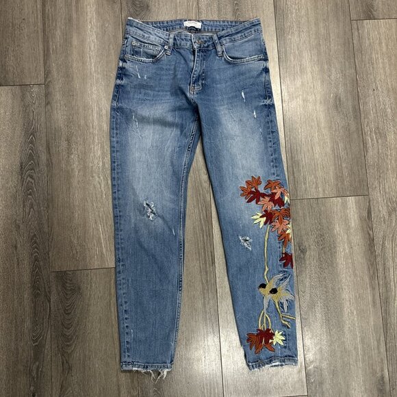 ZARA Women's Slim Boyfriend crop Jeans with Embroidery(Blue, US 4, EUR 36) - Picture 2 of 11